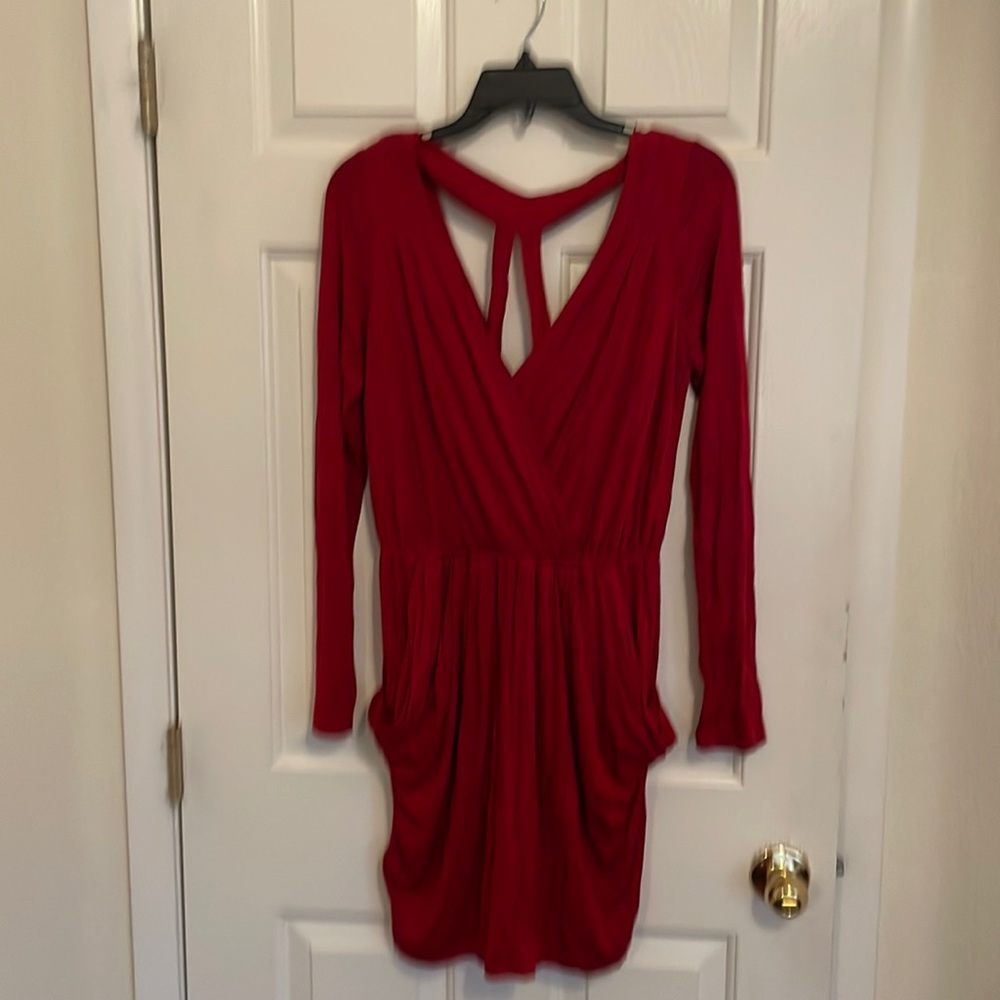 Red draped plunging neck dress